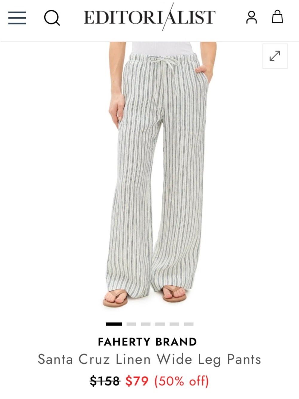 FAHERTY Santa Cruz- Linen Wide Leg Pant. Like new. Size Large….navy & cream
